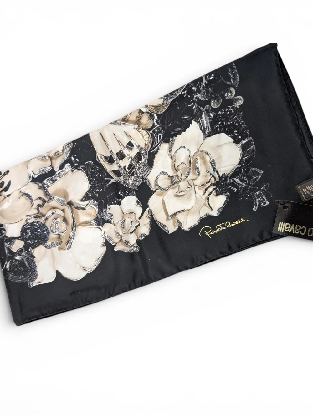 Roberto Cavalli Women's Black Floral 100% Silk Scarf Shawl NWT